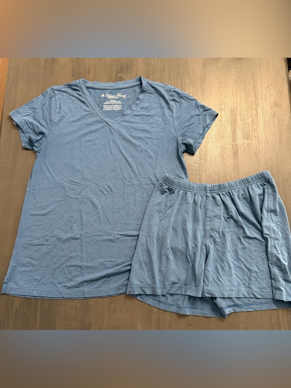 Fishers Finery Bamboo Pajama Lounge Set Blue V Neck Tee & Shorts XS